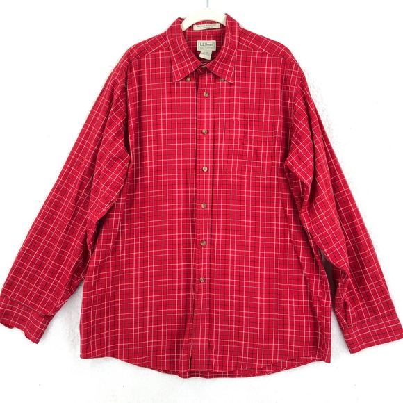 L.L. Bean Mens Shirt Button Up Large Red Blue Grid Traditional Fit Long Sleeve - Picture 1 of 4
